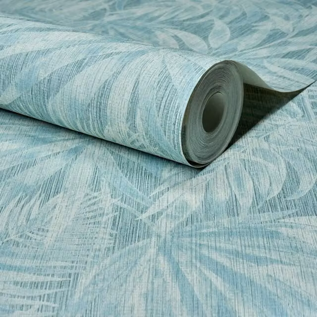 Grandeco Boutique Tropical Palm Leaf Non-Woven Wallpaper in Blue and Beige