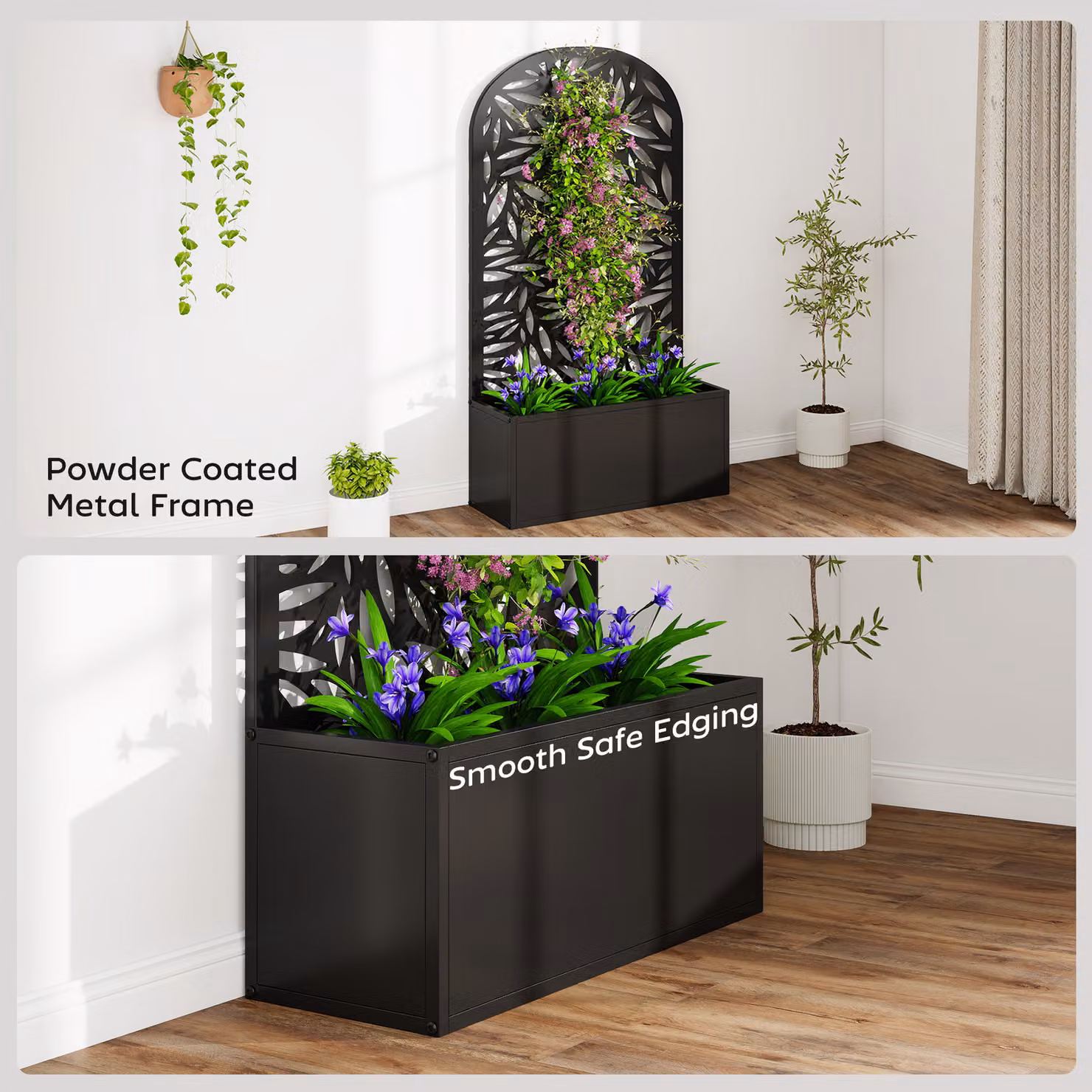 Outsunny Metal Garden Bed with Trellis and Curved Privacy Screen, Black Raised Planter for Ornamental or Vegetable Gardens – 7