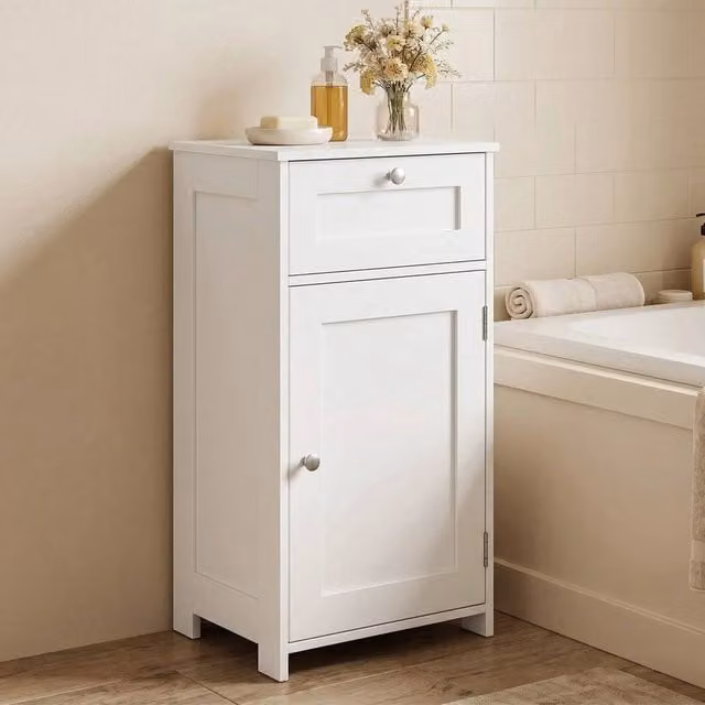 Kelvenix Freestanding White Matt Bathroom Floor Cabinet with Adjustable Internal Shelves and Hinged Doors