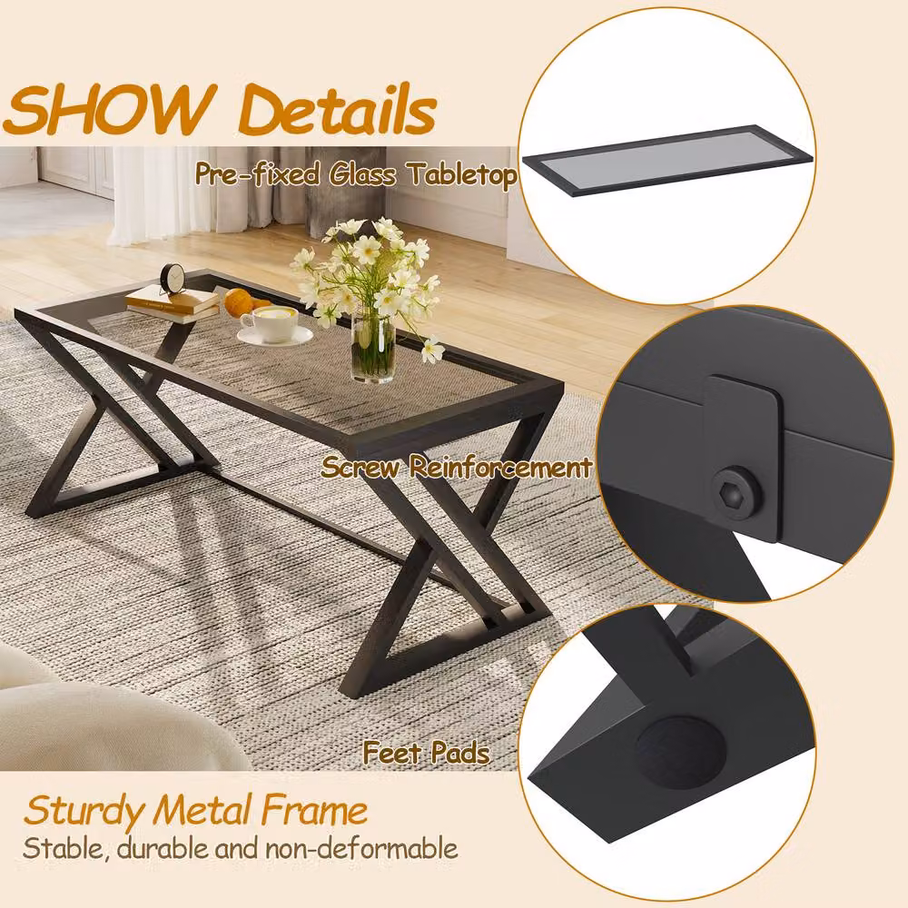 Huhote Modern Grey Coffee Table with Metal Frame and Glass Top – 4