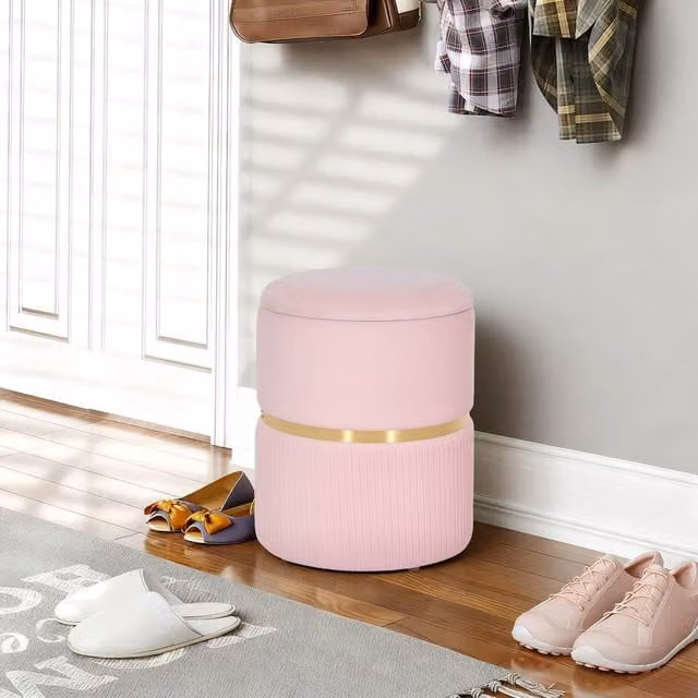 HOMCOM Round Velvet Storage Pouffe and Footstool in Pink