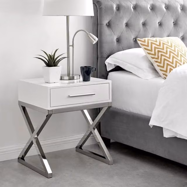 FurnitureboxUK Oxford White High Gloss Contemporary Bedside Table with Single Drawer and Silver Chrome Legs – 1