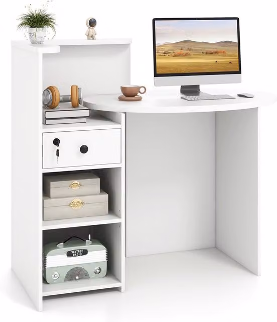 Costway Modern Corner Front Reception Counter Desk with Lockable Drawer in White