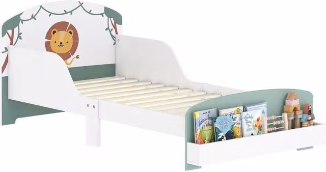 FORGEVIO Lion-Themed Childrens Cot Bed Frame with Side Compartment Storage, Green, W/D/H: 140 x 70 x 60 cm – 1