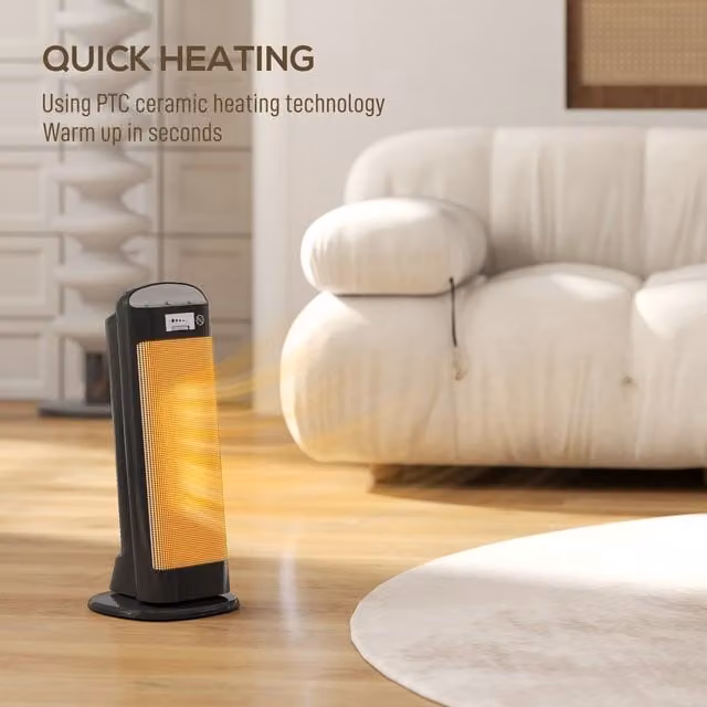 HOMCOM Black Ceramic Fan Heater with Adjustable Thermostat and Tilt Protection