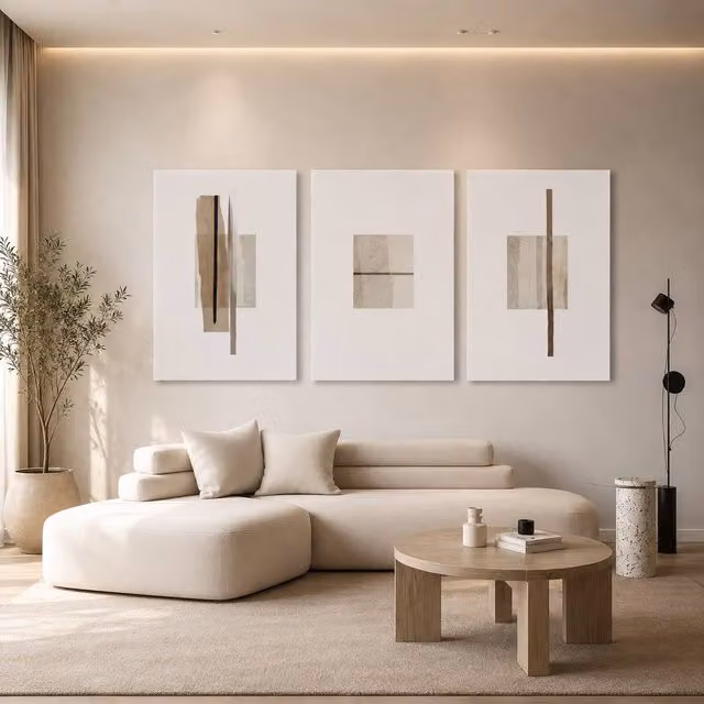 Mafett Set of 3 Minimalist Abstract Canvas Wall Art Prints in White and Beige – 1
