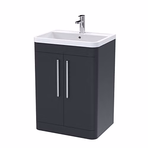 nuie Parade Modern 2 Door Bathroom Floor Standing Vanity Basin Cabinet with Polymarble Basin, Soft Black, W: 60.0 cm, D: 44.5 cm, H: 80.0 cm – 1