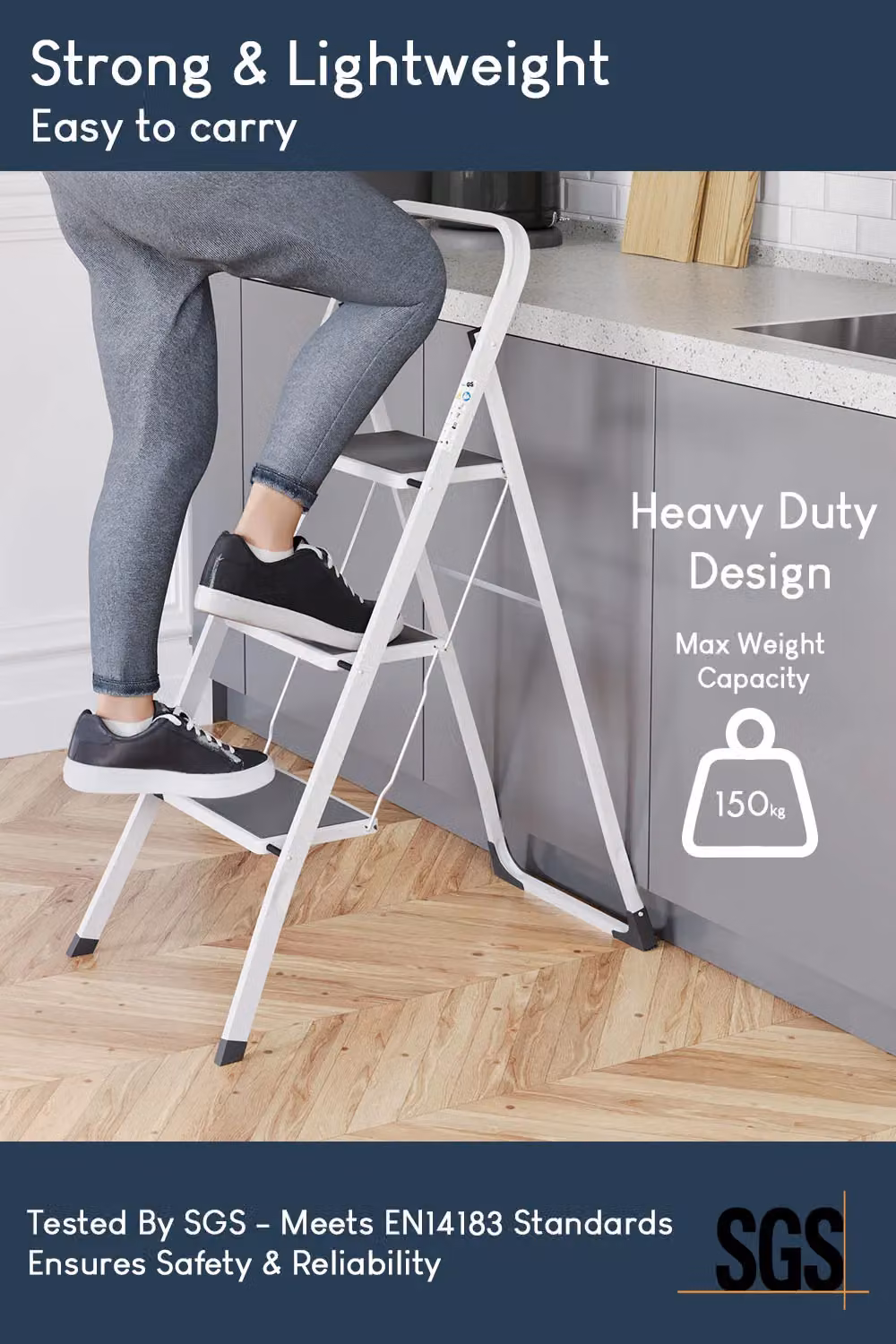 Home Discount Vida 3 Step Folding Ladder with Anti-Slip Mat in White – 4