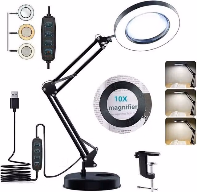 Kelvenix 10X Magnifying Glass Lamp with Dimmable LED Light in Black