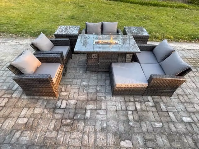 Fimous Dark Grey PE Rattan Garden Furniture Set with Gas Firepit Dining Table, Double Seat Sofa and Side Tables