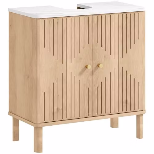 HOMCOM Modern Under Sink Bathroom Cabinet with Hinged Doors and Internal Shelves, Brown and Gold