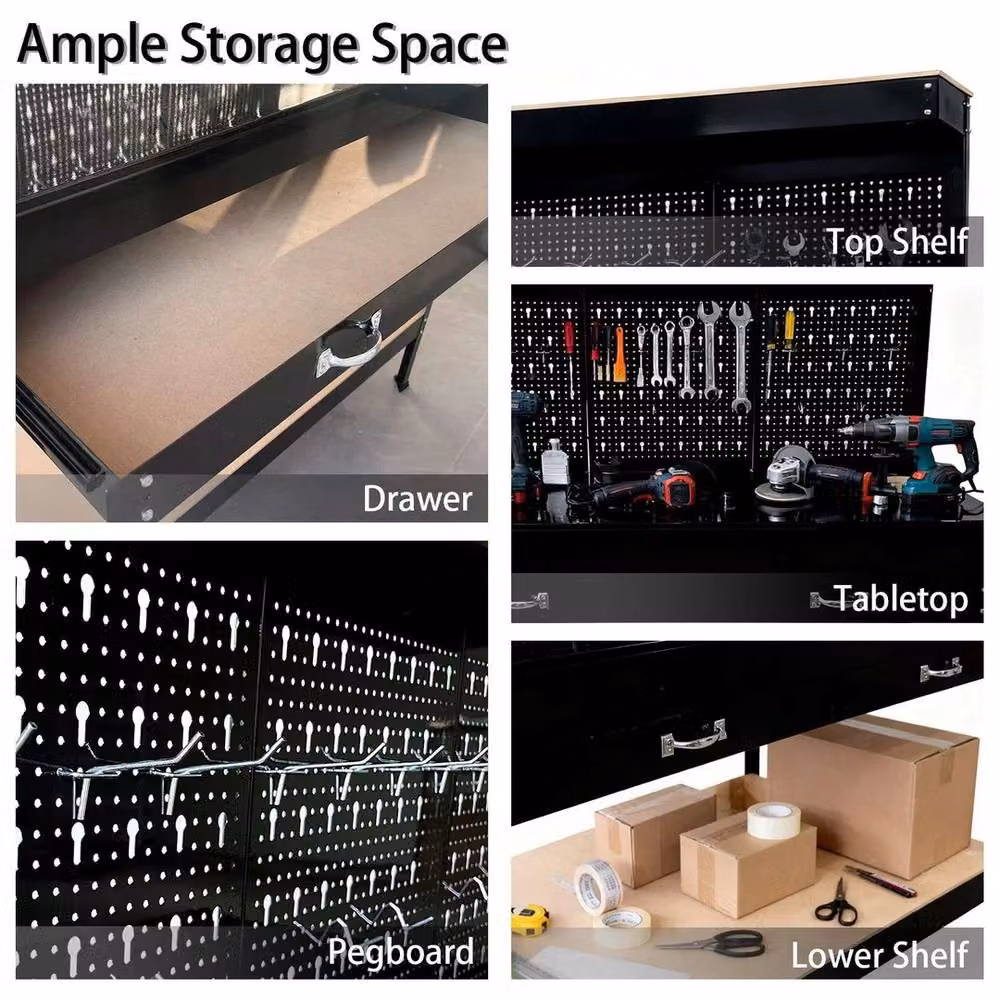 NESTLUNE Metal Garage Storage Workbench with Pegboard and Drawer in Black, W/D/H: 100 x 52 x 140 cm – 4