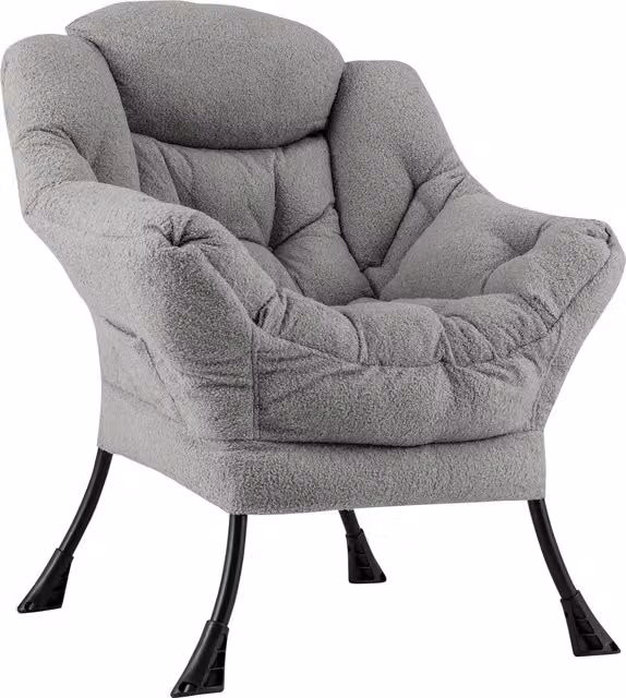 Costway Large Grey Bouclé Fabric Lazy Lounge Chair with Armrests and Metal Frame