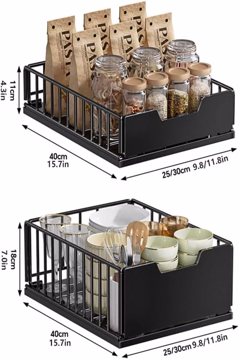 London Boutique Adjustable Metal Pull Out Kitchen Drawer Organizer Basket, Black – 3
