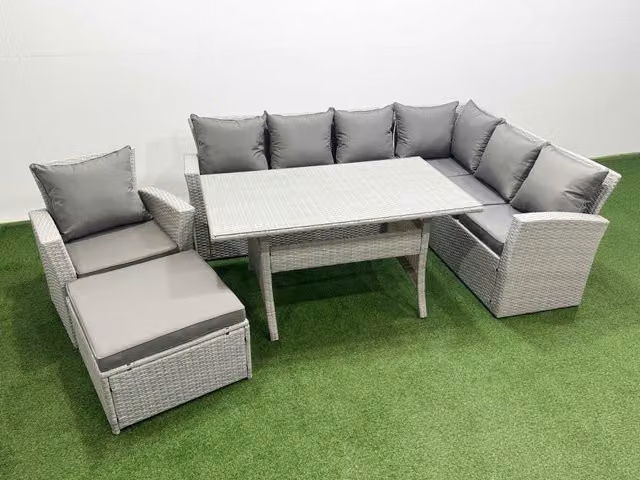 Fimous 8 Seater Rattan Garden Furniture Set with Glass Top Dining Corner Sofa in Light Grey