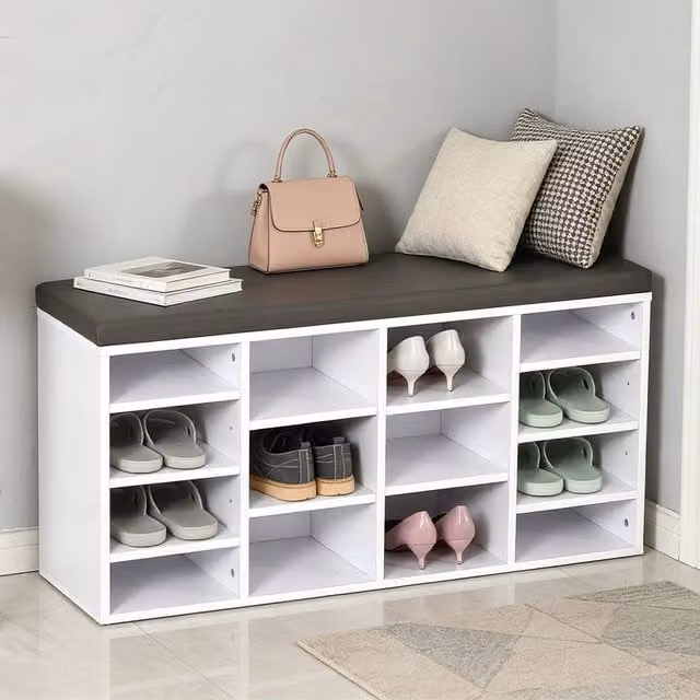 ERGOVEXA White Shoe Storage Bench with Synthetic Leather Cushion and Adjustable Shelves – 1