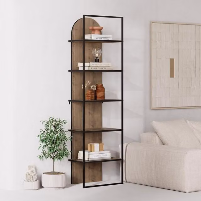 FWStyle Dark Oak Archy 5 Tier Modern Arched Bookcase with Black Metal Frame, Height: 180 cm, Width: 53 cm, Depth: 31.7 cm – 1