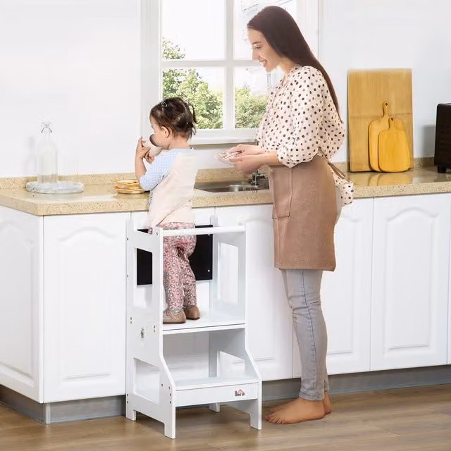 HOMCOM 2-in-1 Kids Step Stool, Toddler Table and Chair Set, White