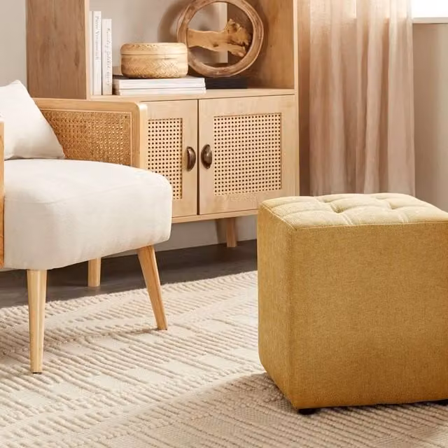 Wyld and Coco Yellow Square Cube Footstool with Polyester Upholstery, W/D/H: 38 x 38 x 38 cm – 1