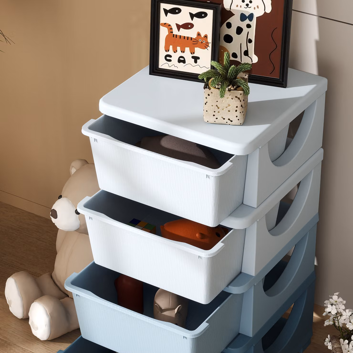 HOMCOM Four-Tier Kids Storage Unit with Four Drawers in Blue – 5