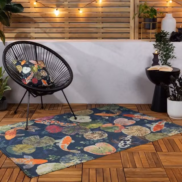 Koi Floral Washable Outdoor Rug in Midnight Blue and Multicolour, Flat Weave Polyester Rectangular Rug for Garden, Terrace or Balcony