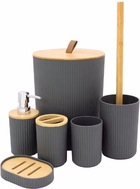 Nordara Grey Modern Bathroom Essentials Set with Toothbrush Holder, Toilet Brush, Soap Dish, Soap Dispenser and Tumbler – 1
