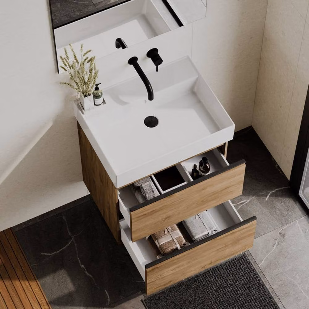 Banyetti Akiro 600mm Wall-Hung Vanity with Veneto 0 TH Basin in Light Brown Walnut – 2
