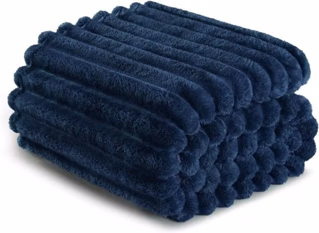 Dyzi Ribbed Jacquard Fleece Throw Blanket, Blue, W/D/H: 150 x 200 cm