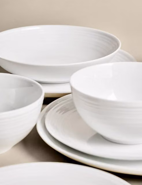 M&S 16 Piece White Ribbed Porcelain Dinner Set