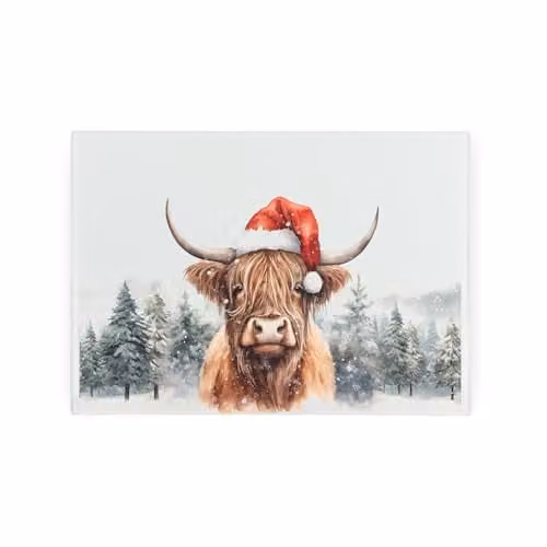 Purely Home Christmas Highland Cow Glass Worktop Protector with Non-Slip Feet, W: 28.5 cm, D: 20 cm
