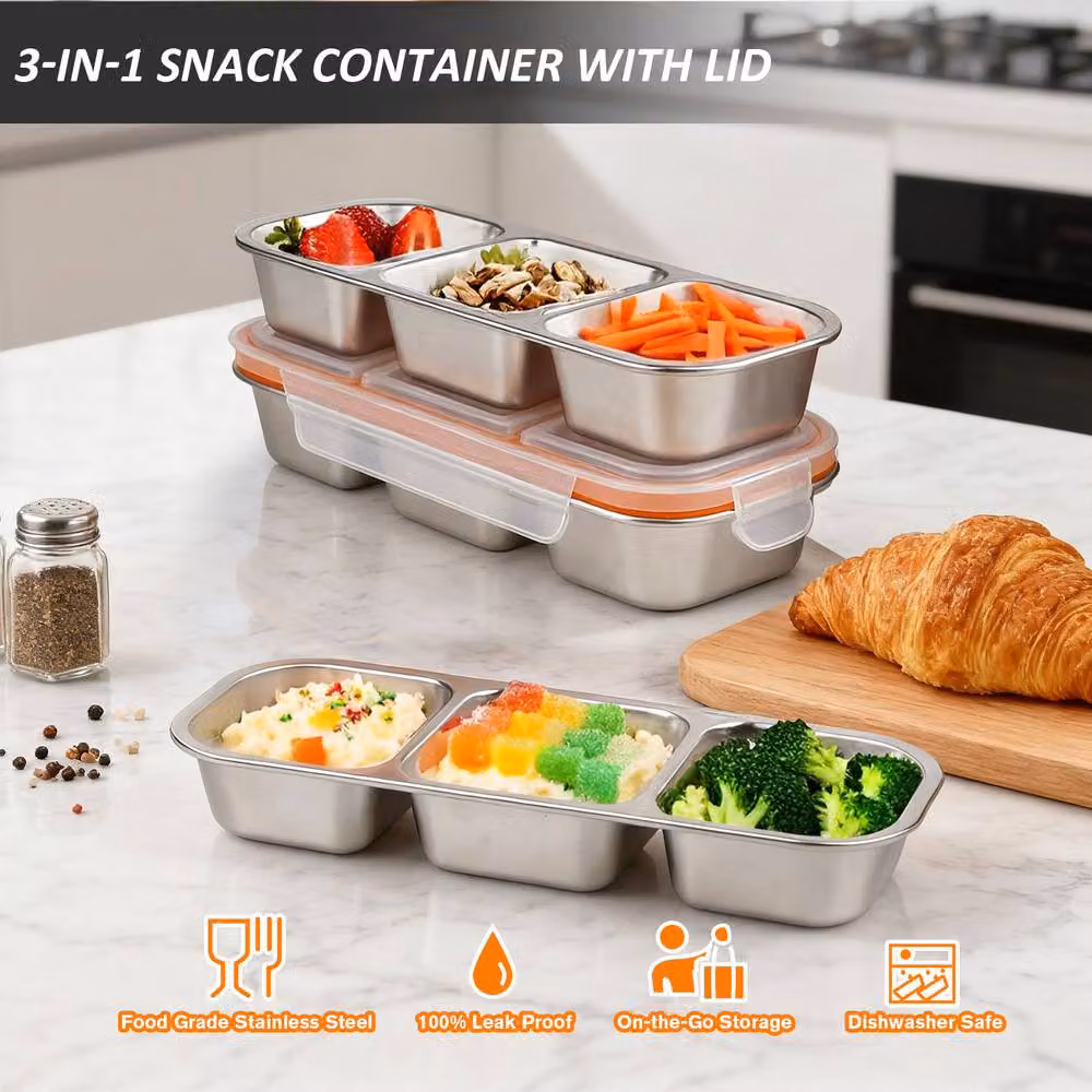 Greentainer Durable Silver Stainless Steel Snack Box with 3 Compartments and Leakproof Snap Lid – 2