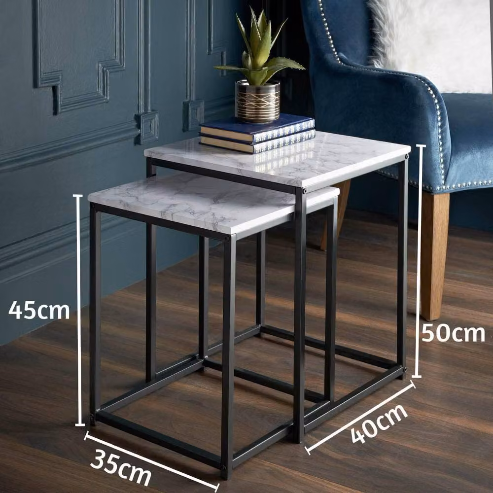 SPOT ON DEALZ Square Nest of 2 Tables with Black Metal Frame and White Marble Effect MDF Tops – 2