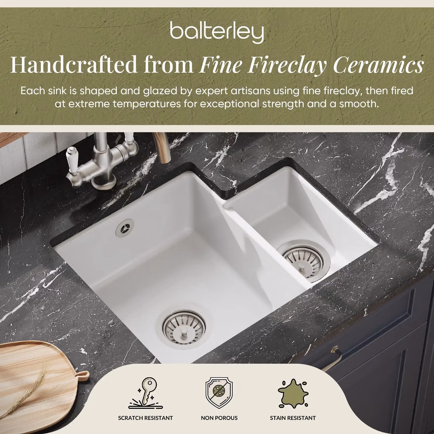 Balterley White Ceramic 1.5 Bowl Left Hand Undermount Kitchen Sink, Width: 45.7 cm – 2