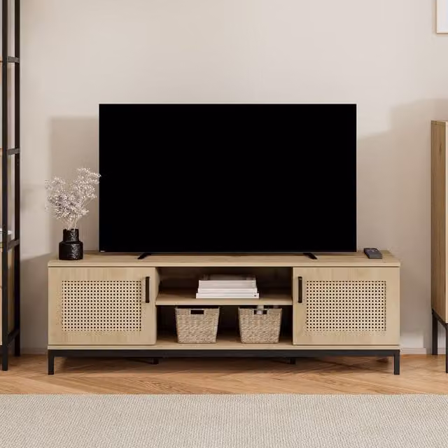 VonHaus Lena Rattan Effect Living Room Storage TV Stand in Brown – 1