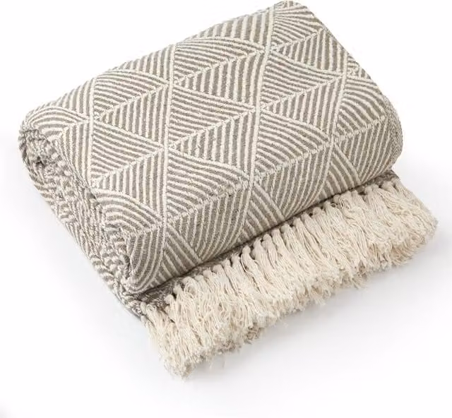 Emma Zahra Woven Cotton Geometric Boho Throw in White, Yellow and Beige, W: 130 cm, D: 150 cm