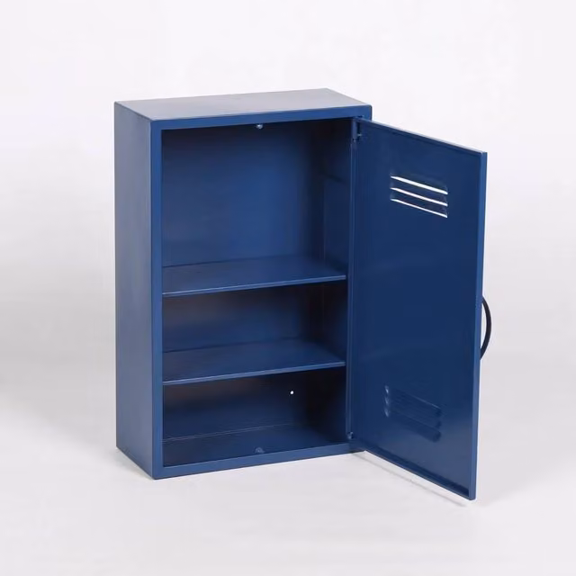 FLAVORA Blue Industrial Metal Wall Mounted Bathroom Locker with Internal Shelves and Hinged Doors