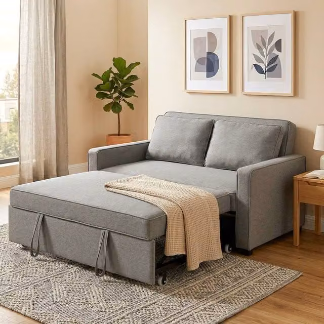 HOMCOM 2 Seater Click Clack Sofa Bed in Grey with Solid Wood Frame and Armrests – 1