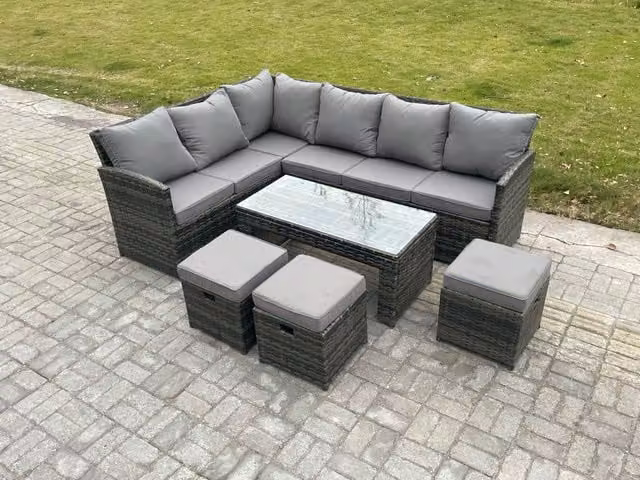 Fimous 9 Seater Rattan Garden Furniture Set in Dark Grey with L-Shape Corner Sofa, Oblong Coffee Table and 3 Ottomans