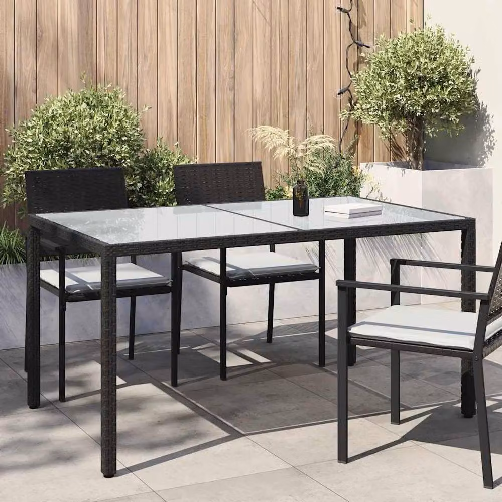 Berkfield Home Black Poly Rattan Garden Table with Tempered Glass, W: 150 cm, D: 90 cm, H: 75 cm – 2