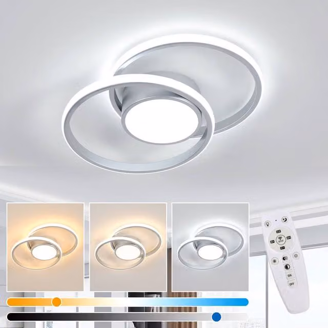 Pheashine Dual Ring LED Ceiling Light, 40W Dimmable with Remote Control, Silver