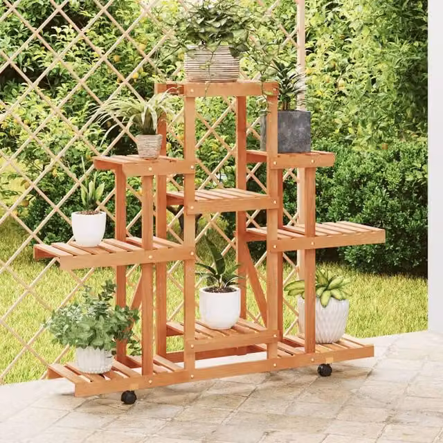Berkfield Home Retro Wooden Flower Stand with Wheels in Brown, W/D/H: 110 x 25 x 101 cm