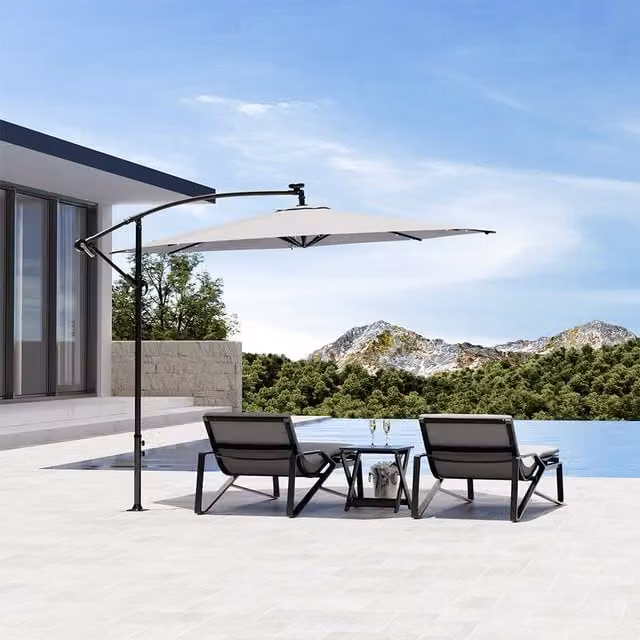 Komore Solar-Powered Lighted Cantilever Garden Parasol in Light Grey Polyester