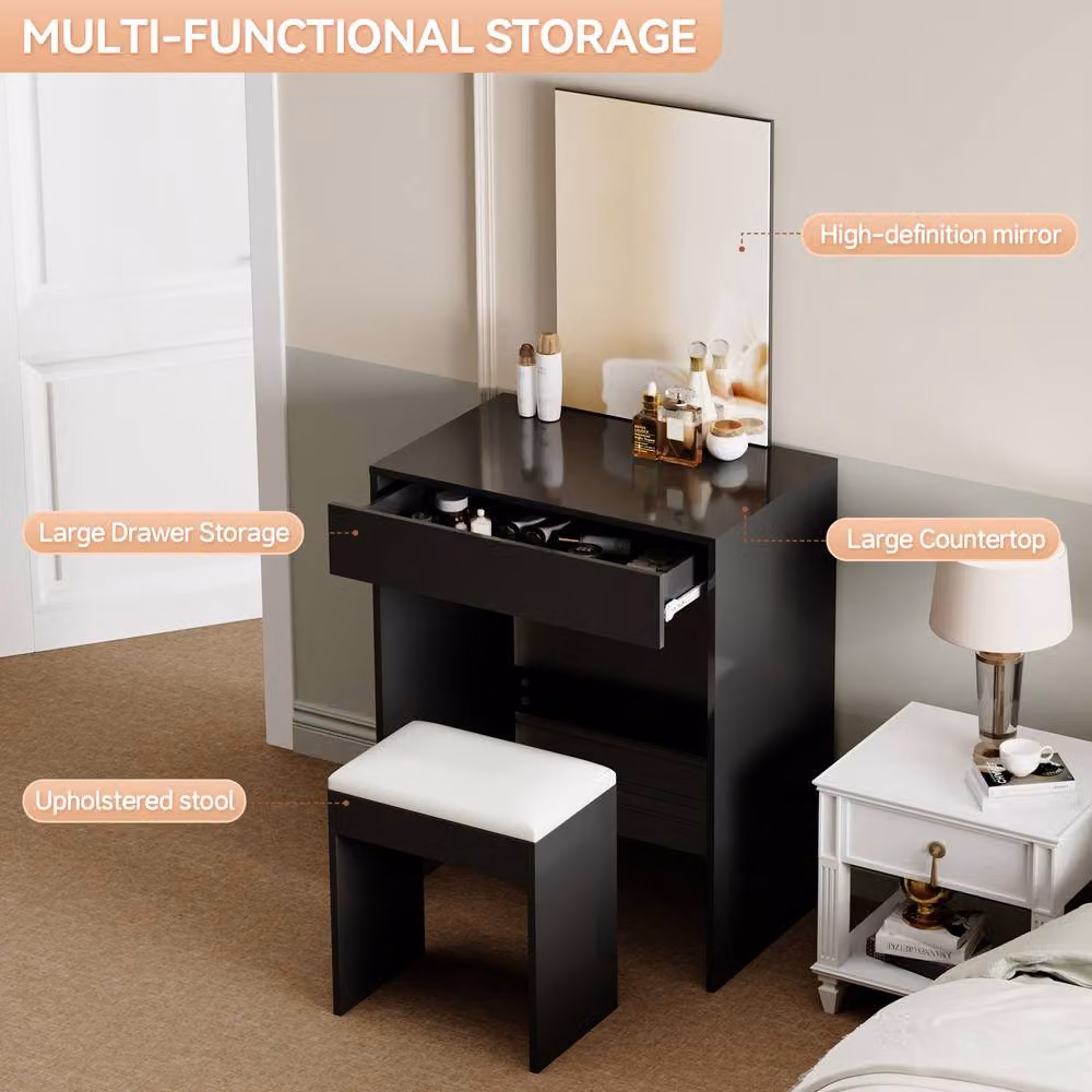 MCC Direct Tampa Dressing Table and Stool with Large Mirror and Drawer in Black – 2