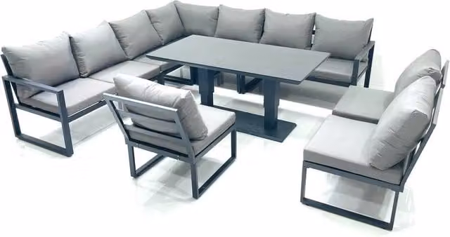 Fimous 10 Seater Outdoor Garden Furniture Set with Corner Sofa and Rising Lifting Dining Table in Dark Grey