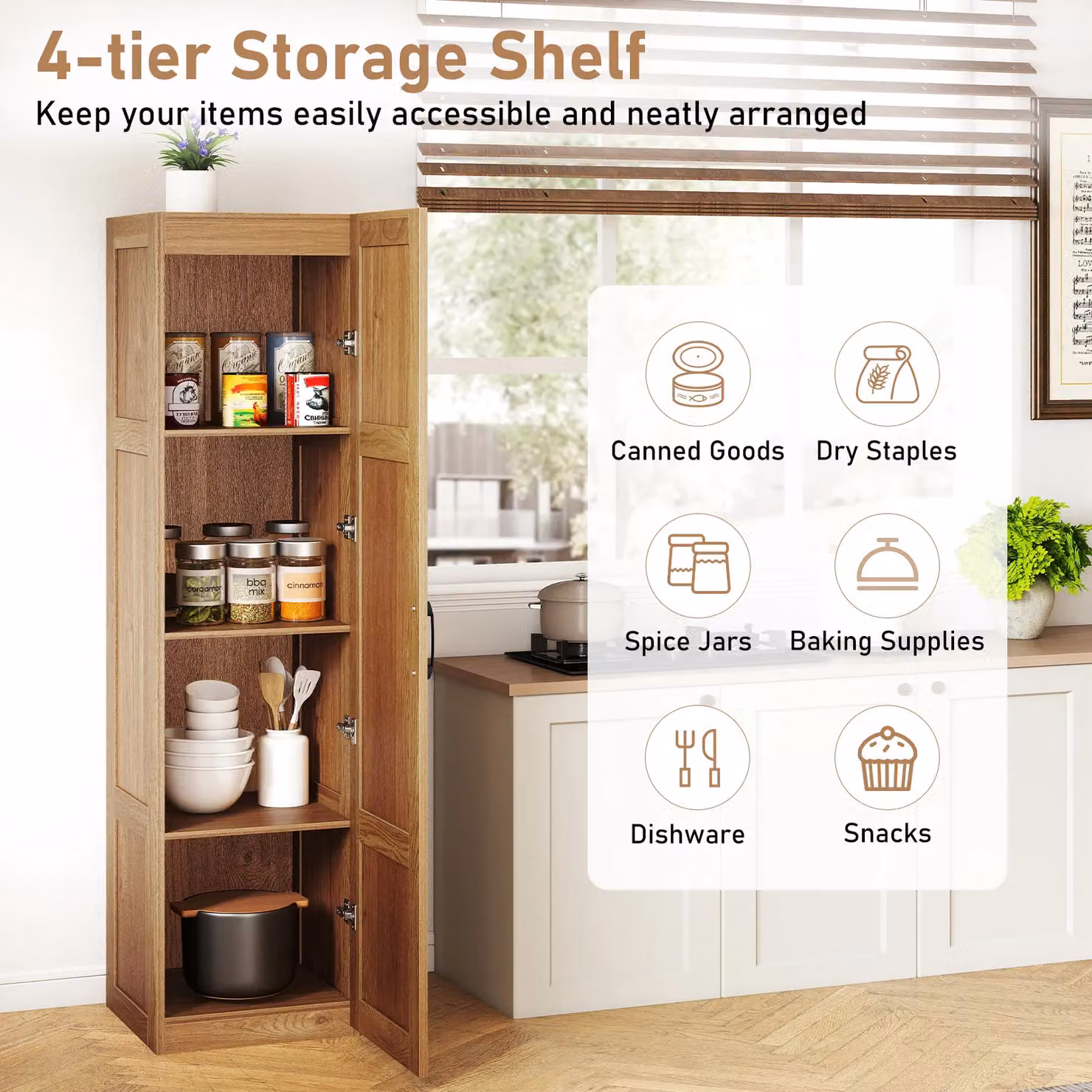 Costway 4-Tier Freestanding Tall Storage Cabinet with Hinged Doors in Sand Wood Finish, H 150 cm x W 40 cm x D 40 cm – 4