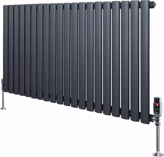 Monstershop Oval Single Column Steel Radiator and Valves with Thermostat Head, Anthracite Grey, H: 1200 mm, W: 60 mm
