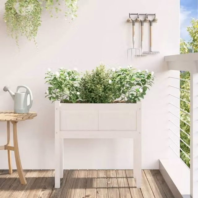 Berkfield Home Beautiful Garden Planter with Legs in White Solid Wood Pine, W/D/H: 70 x 31 x 70 cm
