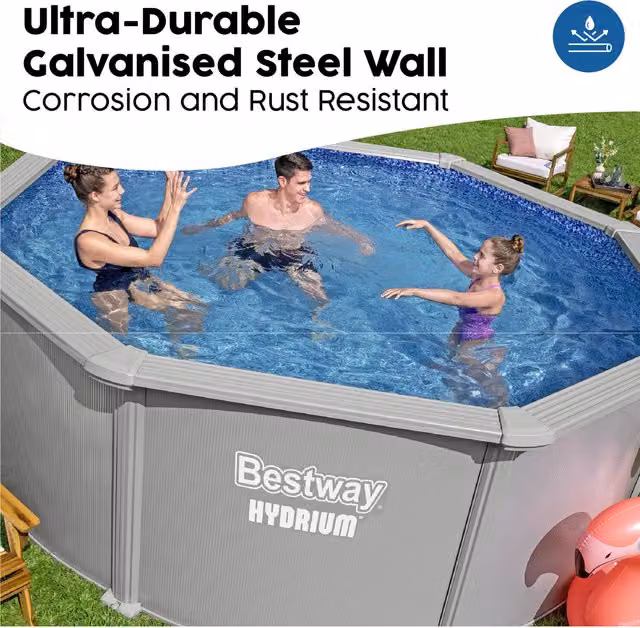 Bestway Hydrium 12ft All Year Round Rectangular Above Ground Pool Set with Galvanised Steel Wall, Pump, Filter and Ladder in Light Grey