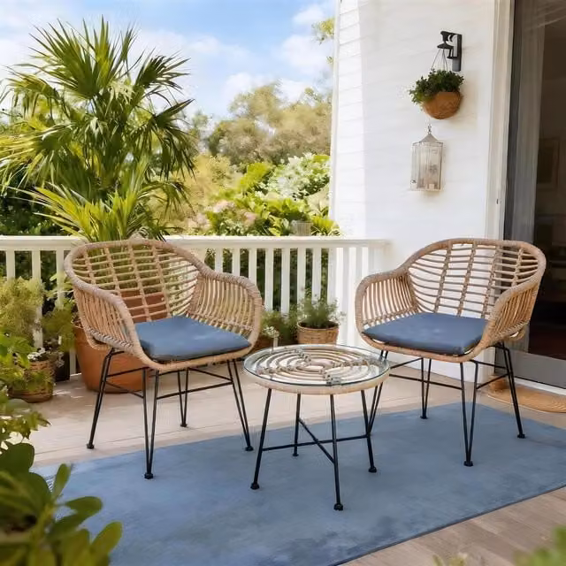 Home Source Flora Bistro Natural Wicker Set in Brown and Beige with Glass Top and Galvanised Steel Frame