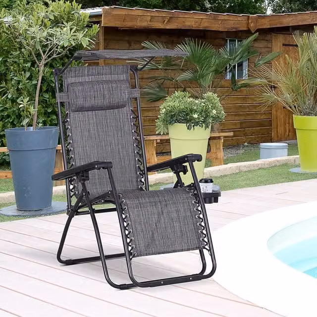 Outsunny Zero Gravity Garden Deck Folding Chair in Grey with Sun Canopy, Adjustable Headrest and Side Tray